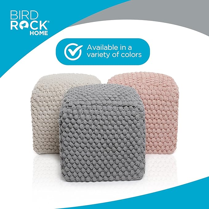 BIRDROCK HOME Buds Pouf Foot Stool Ottoman - Knit Bean Bag Floor Chair - Cotton Braided Cord - Great for The Living Room, Bedroom and Kids Room - Small Furniture (Grey - Buds)