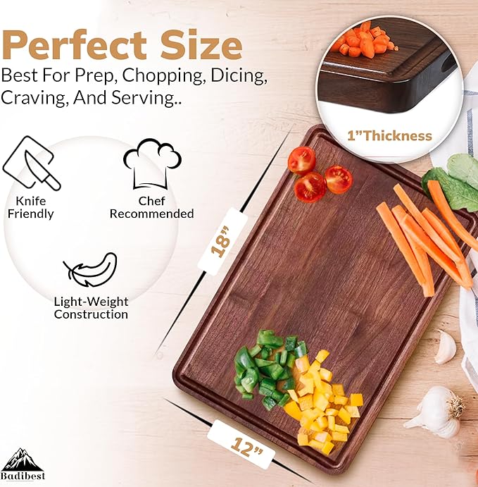 Handcrafted Walnut Wood Cutting Board 18x12, Non Toxic Kitchen Chopping Board with Juice Groove Charcuterie Serving Board, Eco & Knife Friendly Small Wooden Cutting Boards for Kitchen, Restaurant Use
