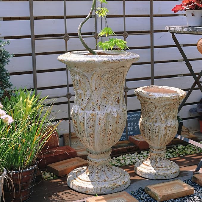 Vintage European Giant Garden Urn Planter, Decorative Cement and Fiber Flower Pot, Make Rust Finished, Wrap Foam Safely Delivered from Local Warehouse (Vintage, Large)