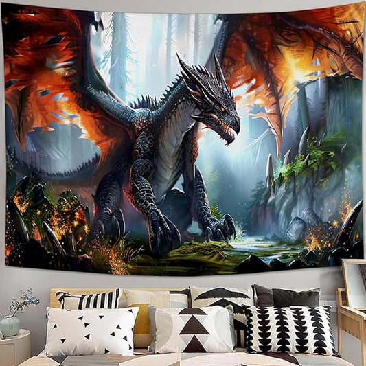 Dinosaur Tapestry Dragon Tapestries Fabric Wall Hanging Aesthetic Space Indoor Outdoor Wall Art Tablecloth Bedspread Decoration for Boy’s Bedroom Dormitory Living Room Home Decor 40"x60"