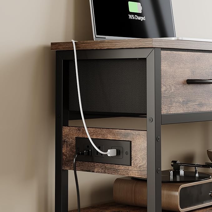 Lulive Entryway Table with Power Outlets, Console Table with 3 Fabric Drawers, Sofa Table for Living Room, Hallway, Couch, Foyer, Height Adjustable (Rustic Brown, 43")