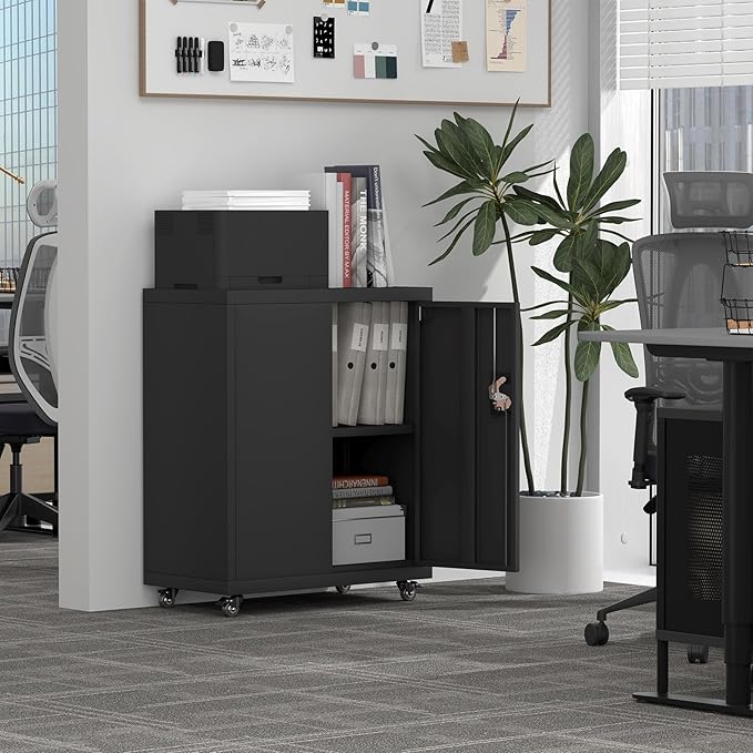 Metal Storage Cabinet with Wheels,Lockable Steel Rolling Storage Cabinet with 2 Doors for Garage,Home Office,Assembly Required,Black