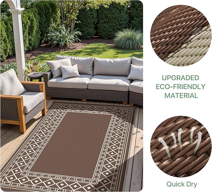 GENIMO Outdoor Rug Waterproof for Patio, 9'x12' Foldable Reversible Plastic Straw Carpet for Travel Trailers, Outside Area Mat for Rv, Deck, Picnic, Porch, Camper, Balcony, Beach, Coffee & Beige