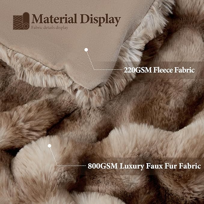 Touchat Luxury 1000GSM Faux Rabbit Fur Throw Blanket, Super Heavy Warm Cozy Brown Blankets for Couch Bed Sofa, Ruched Plush Fuzzy Elegant Soft Reversible Mink Blanket for Living Room Bedroom