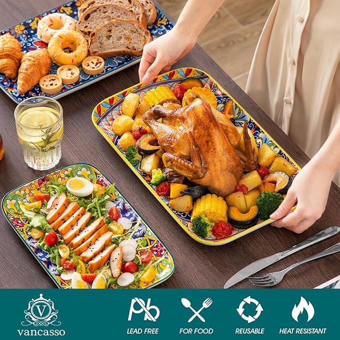 vancasso Serving Platters Set of 3, 16"/14"/12" Inch Rectangular Trays - Serving Platter Extra Large, Bohemian Ceramic Serving Dish for Entertaining Food, Microwave & Dishwasher Safe, Vintage