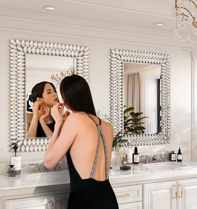 Kelly Miller Jeweled Luxury Bathroom Mirror for Wall, 24"x36" Rectangle Wall Mirror Decorative Mirror Vanity Mirror with Diamonds for Master Bath Half Bath Living Room Bedroom Fireplace Mantle Hallway