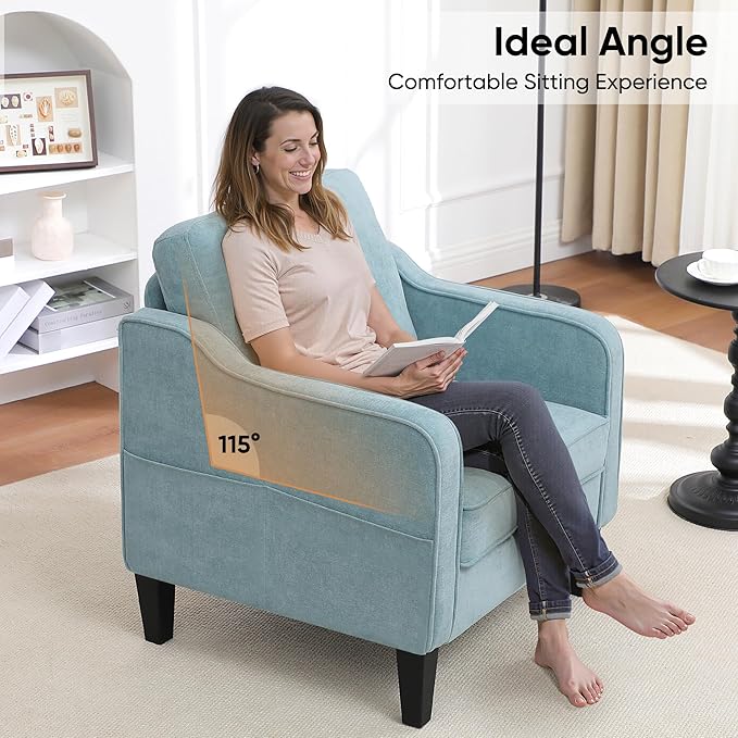 Accent Chair for Living Room, Mid Century Modern Reading Chair for Bedroom, Upholstered Armchair with Side Pockets, Comfy Single Sofa Side Chair for Office, Apartment, Small Room, Teal Green