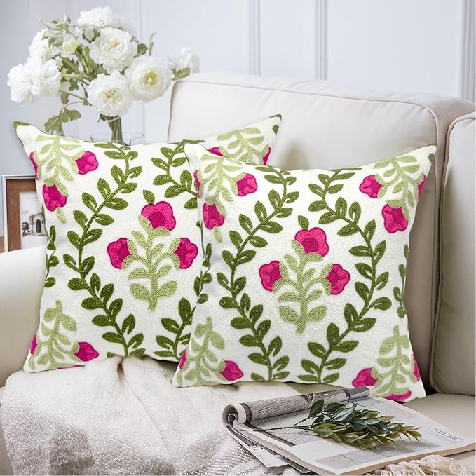 Alysheer Summer Decorative Throw Pillow Covers 18"x 18" Set of 2, Floral Embroidered Farmhouse Hot Pink Flowers Green Vine Patterned Cotton Canvas Cushion Case for Sofa Couch Bed Living Room Decor