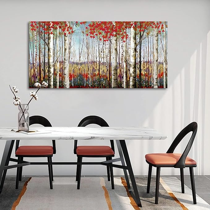 Canvas Wall Art for Living Room Bedroom Modern Wall Decor of Red Leaves White Birch Tree Forest Giclee Print Painting Artwork Wall Decoration 24x48 Large Size with Wood Framed Easy to Hang for Home