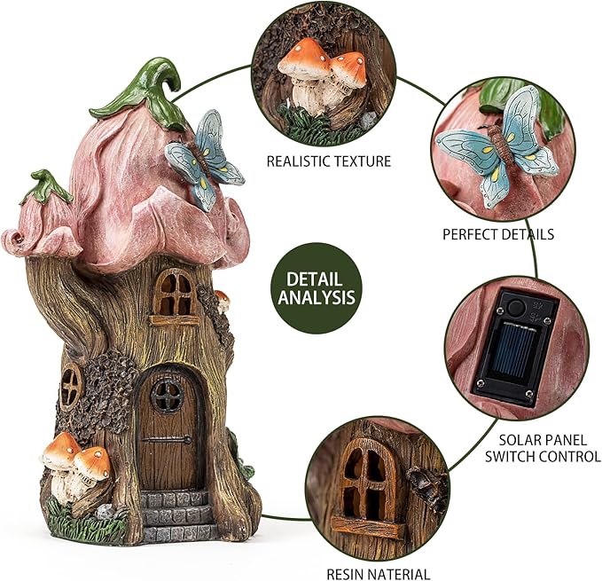 Fairy Garden Accessories Outdoor Statues, Mushroom House Decor,Large Gnome Solar Powered Lights Sculptures,Pink Resin Figurine Butterfly Figurines Lawn Ornaments for Patio Yard Decorations 11Inch