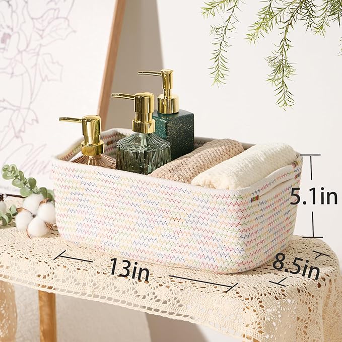 Small Storage Baskets for Organizing | Closet Organizer Bins | Shelf Toy Basket | Woven Rope Baskets | Cube Decorative Box | Shallow Basket | 13x8.5x5.1” | 3 Packs Rainbow