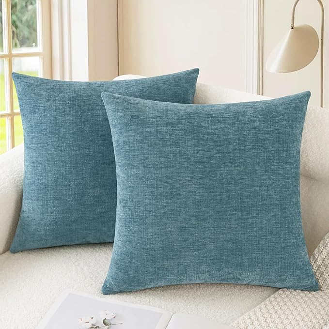 CaliTime Throw Pillow Covers Decorative 22 X 22 Inches Pack of 2 Cozy Chenille Cushion Cases for Couch Sofa Bed Living Room Home Smoke Blue