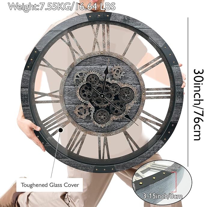DORBOKER 30" Large Wall Clock Moving Gears,Oversized Industrial Rustic Farmhouse Clocks for Living Room Decor Office Home, Solid Wood Retro Metal HD Tempered Glass Cover,Carbon Grey