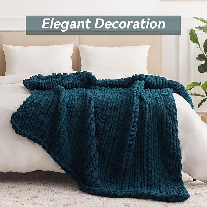 Chunky Knit Throw Blanket, 40''*50'' Knitted Throw Chenille Yarn for Bed Couch, Handmade Peacock Blue Crochet Big Thick Blanket, Machine Washable Cute Comfy Blanket for Home Decor