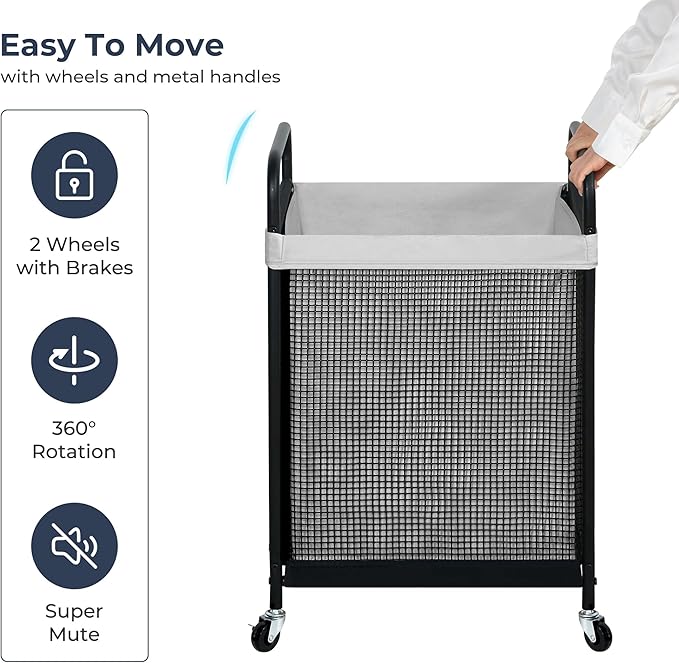 STO STO Laundry Hamper, 90L Rolling Laundry Sorter Cart with Removable and Washable Liner Bag, Rolling Clothes Hamper with Metal Handle for Laundry Room and Bedroom, Gray
