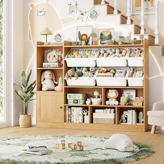 Toy Storage Organizer, 55” Wide Toy Organizers and Storage with 8 Storage Cubbies & 6 Toy Bins, Large Toy Box with Bookshelf, Playroom Storage for Playroom, Oak