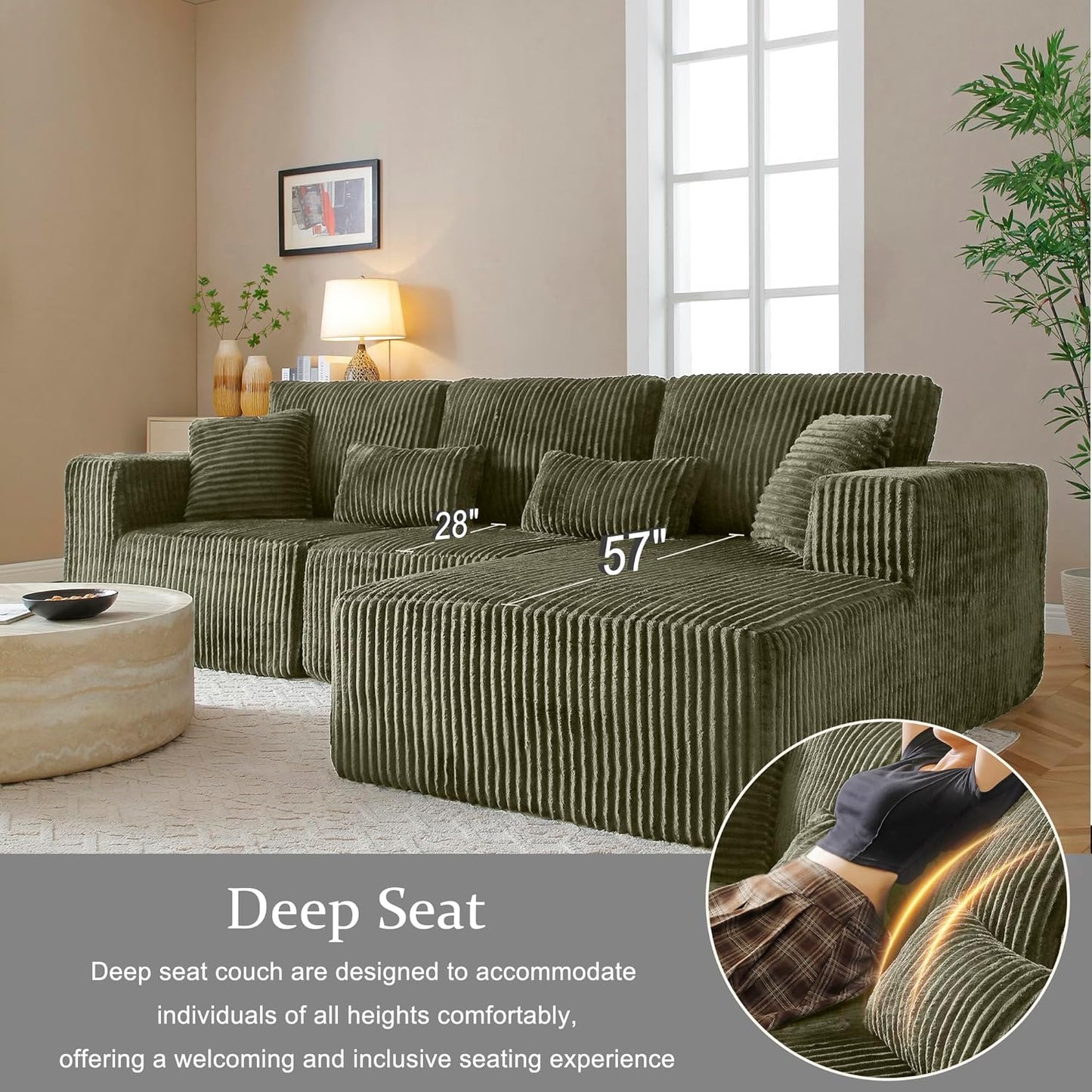 Modular Sectional Sofa Cloud Sectional Couch, 135" Comfy Fluffy L Shaped Olive Green Couches for Living Room, Deep Seat Memory Foam Plush Corduroy Boneless Couch Sectionals Right Facing Chaise Sofa