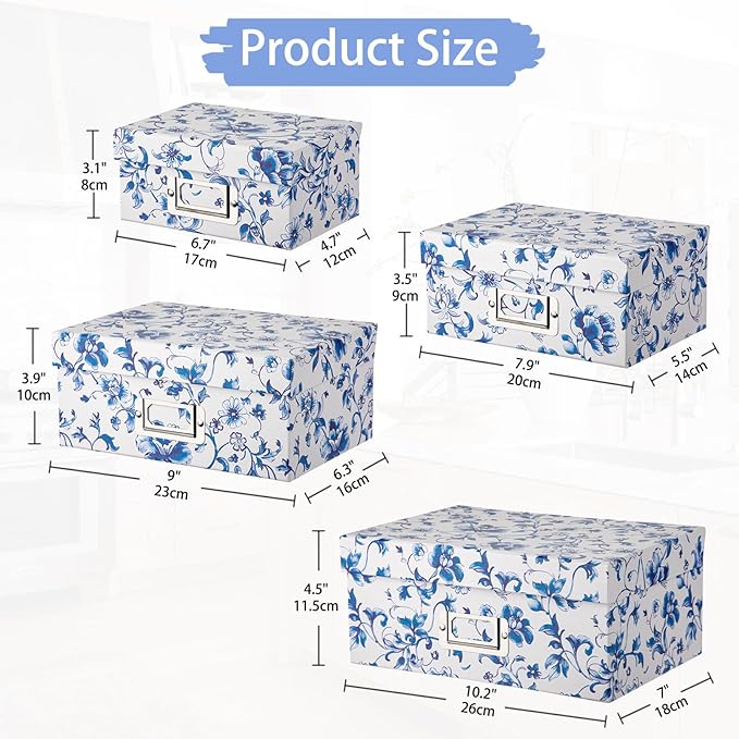 Briful Decorative Photo Storage Boxes with Lids, Set of 4 – Blue and White Porcelain Pattern, Nested Card Storage Box Organizer, Decorative Paperboard Box for Closet, Office, Gifts,Cosmetic,Books