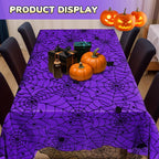 2Pcs Halloween Tablecloths, Black Lace & Purple Lined Rectangular Table Cloth, Spider Web Table Cover for Scary Halloween Decorations Indoor, 54 x 72 Inch