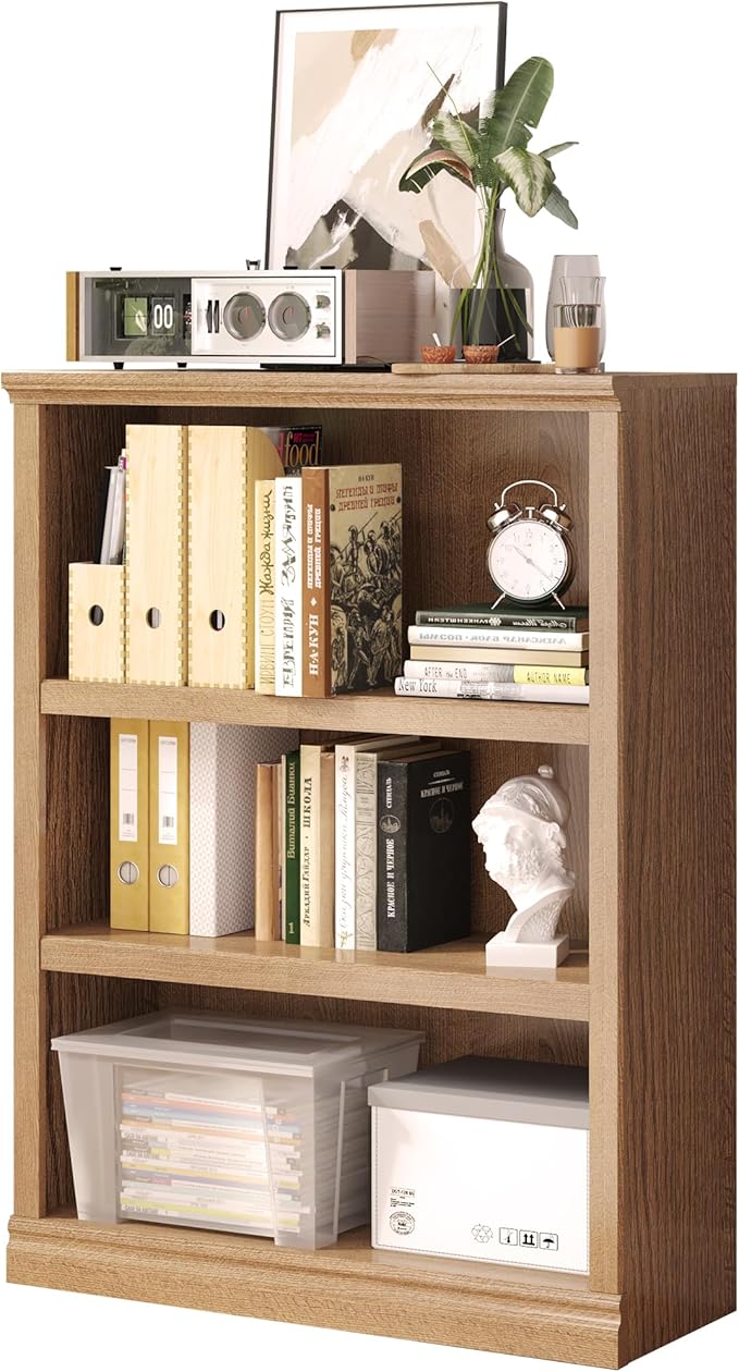 43 in Tall Bookcase, 3-Tier Bookshelf Open Storage, 33 inch Wide Floor Standing Indoor Furniture, Book Cases for Home School Library Office Bedroom Kids, Oak 3 Tiers