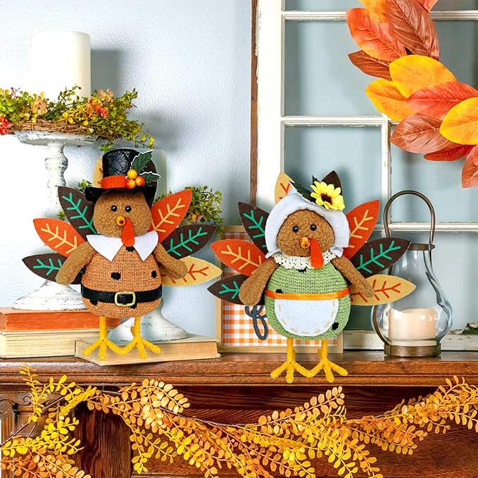 CRCZK Thanksgiving Turkey Decoration Fall Harvest Tabletop Decor Standing turkey with Dangling Legs, 2 Pack Plush Stuffed Turkeys Shelf Figurine Gift for Autumn Fall Harvest Halloween Home Decorations