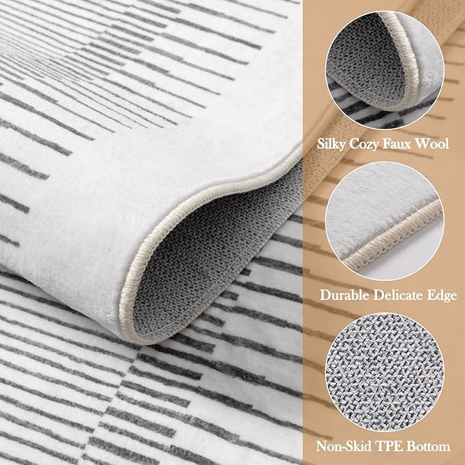 Wonnitar Washable Striped 8x10 Rugs for Living Room, Non-Slip Soft Grey Berber Stripe Bedroom Rug, Low Pile Minimalist Floor Carpet for Dining Room Living Room Office Department (Grey, 8' x 10')