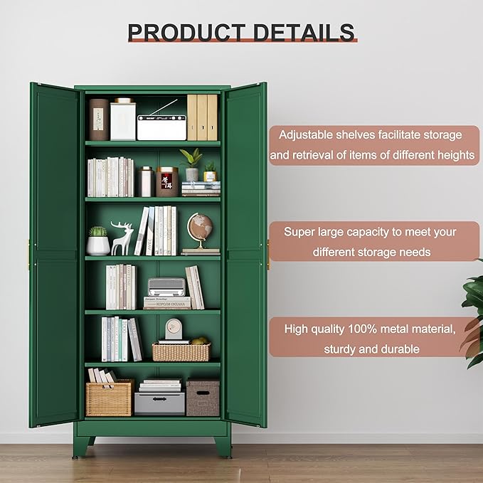 Kitchen Pantry Storage Cabinet with Doors and Adjustable Shelves, Metal ClosetMaid Food Pantry Cabinets, 75" Tall Freestanding Cupboard for Kitchen, Laundry or Utility Room, Green