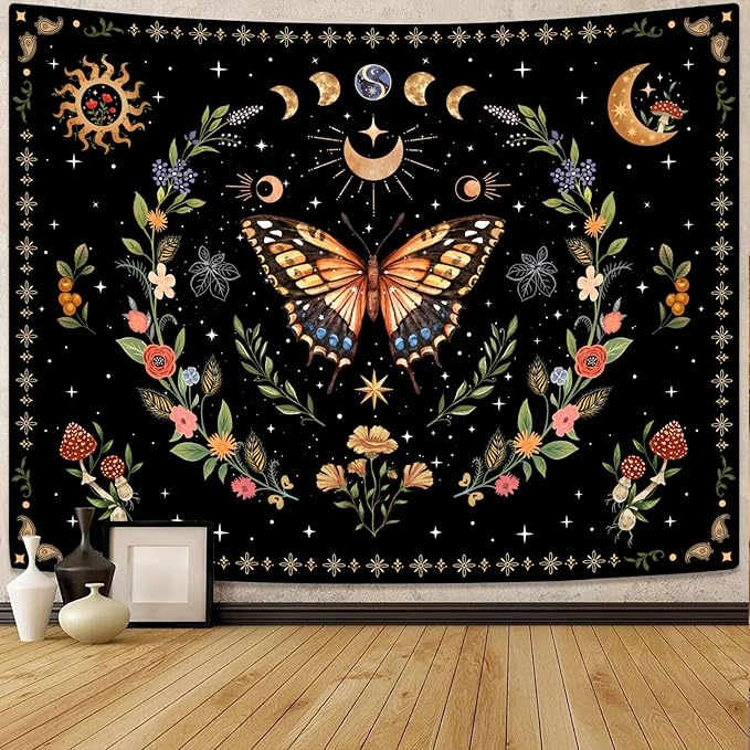 Lunerfex Boho Butterfly Tapestry Flower Moon Wall Tapestry, Moon Phases Tapestries for Bedroom Cute Tapestries Wall Hanging for Bedroom Living Room Decor Butterfly-1 44"x60"