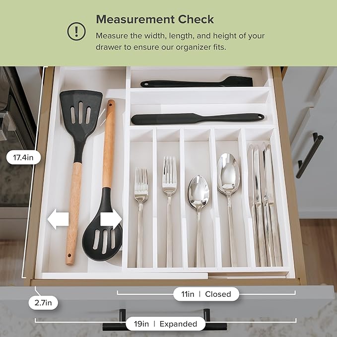 Premium Silverware, Flatware and Utensil Organizer for Kitchen Drawers, Food-Safe Contract Grade, Expandable from 10.5 to 19 In, White Bamboo
