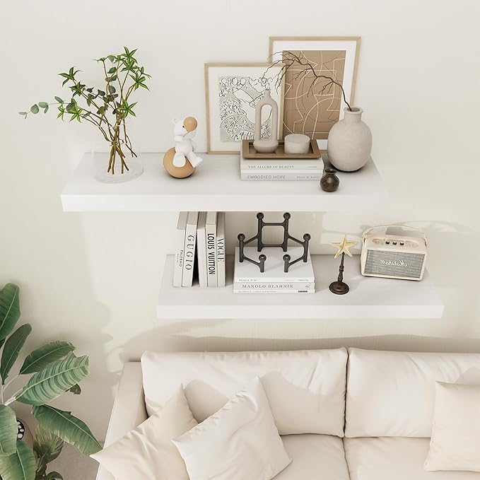 White Floating Shelves 36 Inch Long, 12 Inch Deep Floating Shelves for Wall, 36 x 12 Shelves for Wall Storage & Display, 2" Thick Floating Shelf for Bathroom, Living Room, Bedroom, Set of 2