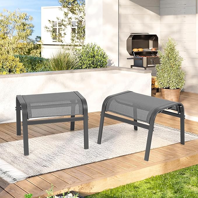 Outdoor Ottoman Set of 2, All Weather Outdoor Foot Stool with Supportive Textliene and Metal Frame, Stackable Oversized Outdoor Foot Rest for Furniture Patio Garden Pool, Grey