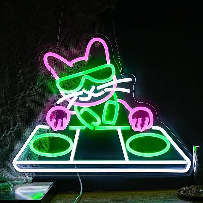 Cat DJ Player Neon Sign Dimmable DJ Player Led Neon Light for Wall Decor USB Powered Cool Neon Light Sign for Bar Party Man Cave Bedroom Art Wall Decoration