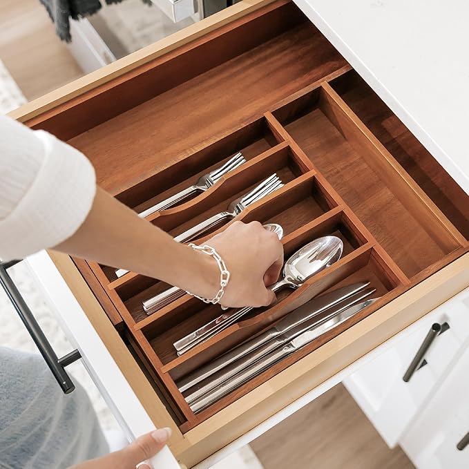 Premium Silverware, Flatware and Utensil Organizer for Kitchen Drawers, Food-Safe Contract Grade, Expandable from 10.5 to 19 In, Natural Acacia