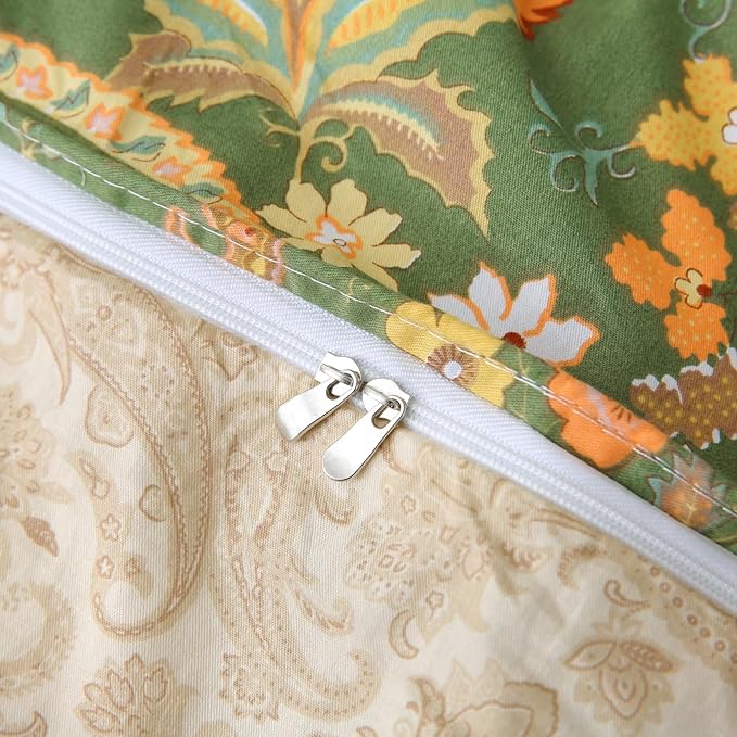ABREEZE Paisley Bedding Sets 3Pcs Brushed Cotton Duvet Cover Set King Size Rustic Damask Green Floral Comforter Cover with Zipper Closure Boho Bedding Collections