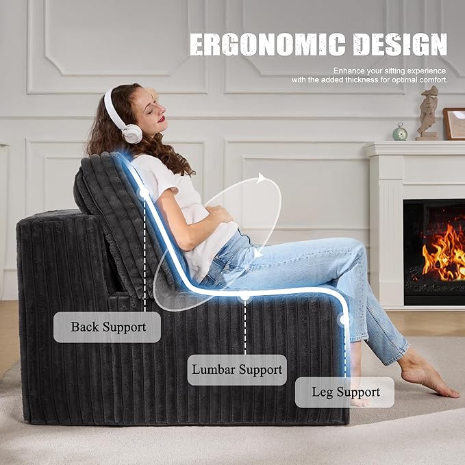 Single Sofa 1 Seat Couch with Deep Seat Memory Foam Cloud Chair with Pillows Large Sofa with L Shape for Living Room Bedroom (Strip Grey, Single)