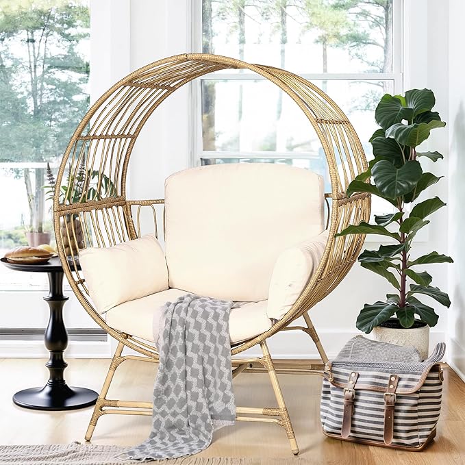 Egg Chair Outdoor Indoor, Oversized Rattan Chair with Thicken Cushion, 350LBS Capacity Wicker Patio Lounge Chair, Basket Chair for Living Room Balcony Porch Backyard, Beige