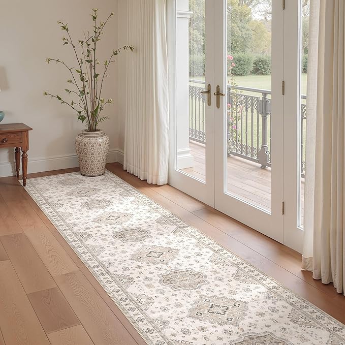 Washable 2.6x12 Runner Rug - Area Rugs Neutral Vintage Distressed Floral Farmhouse Boho Large Soft Floor Rug Indoor Carpet for Hallway Entryway Kitchen Home - Beige Brown