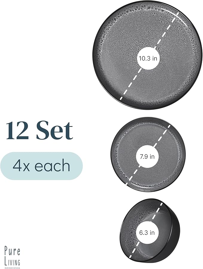 Stoneware dinnerware set 4 persons 12 pcs - Dishwasher, microwave and scratch resistant - Bowl and plate set 4 persons modern - Dinner service Pure Living black in gray…