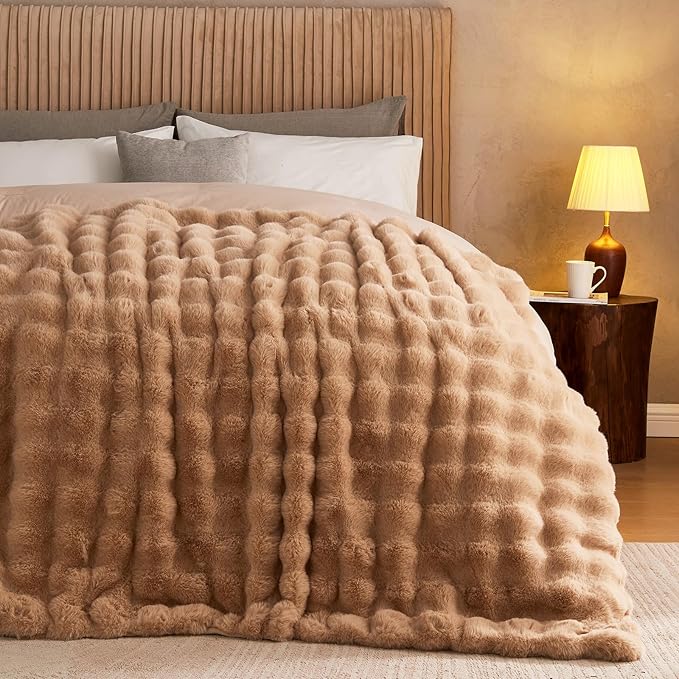 Lotus Karen King Size Faux Fur Blanket Khaki - Big Bubble Rabbit Fluff Blanket for Bed, Large Fluffy Fuzzy Cozy Blanket, Thick Furry Plush Shaggy Blankets, 108x90 Inches