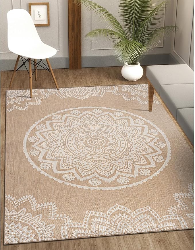 CAMILSON Outdoor Rug 8x10 Modern Area Rugs for Indoor and Outdoor Patios and Porches - Waterproof, Washable, Non-Shedding, Easy-to-Clean Outside Carpet (8 x 10, Medallion - Beige/White)
