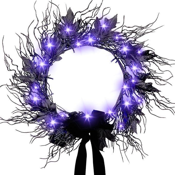 JORNOY 16inch LED Halloween Wreath with Battery Timer - Black Artificial Leaves&Silk Ribbon Decor Hanging for Front Door, Mantel, Porch, Wall, Party Decorations