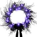 JORNOY 16inch LED Halloween Wreath with Battery Timer - Black Artificial Leaves&Silk Ribbon Decor Hanging for Front Door, Mantel, Porch, Wall, Party Decorations