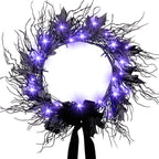 JORNOY 16inch LED Halloween Wreath with Battery Timer - Black Artificial Leaves&Silk Ribbon Decor Hanging for Front Door, Mantel, Porch, Wall, Party Decorations