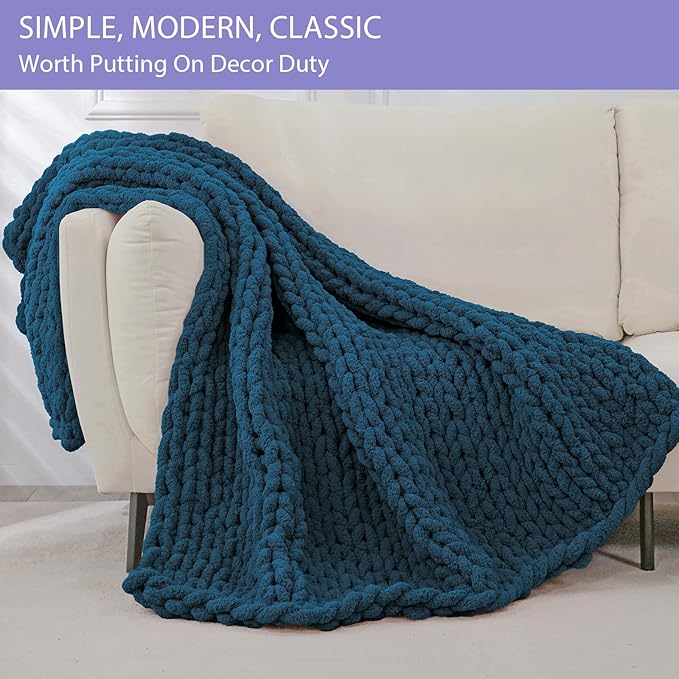 Bigacogo Chunky Knit Throw Blanket for Couch, 40x80 inches, 100% Hand Knitted with Thick Jumbo Chenille Yarn, Cozy Soft Large Rope Knot Cable Crochet Blankets for Sofa Bed Living Room, Deep Sea Blue