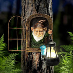Garden Gnome Decor Outdoor Statue - Gnome With Solar Waterproof Lantern, Whimsical Elf Out The Door Tree Hugger Garden Statues, Home, Fence, Patio, Resin Ornament, Gardening Gift Tree Faces Gnomes