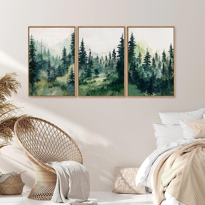 Tinonedraw Watercolor Forest Framed Canvas Wall Art Set, Modern Pine Tree Wall Painting, Nature Foggy Landscape Wall Decor, Misty Mountain Art Prints for Bedroom Living Room Farmhouse Office 16"x24"x3
