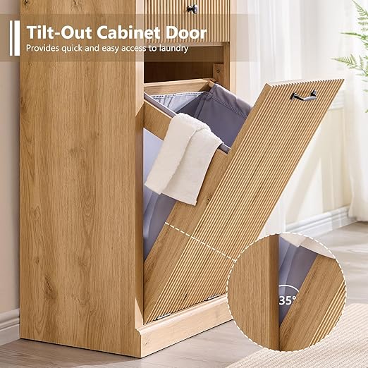 Modern Tilt-Out Trash Can Cabinet, 10 Gallon Fluted Laundry Hamper Cabinet with Drawers, Wooden Hidden Garbage Can Cabinet w/Storage Basket, Free Standing for Kitchen & Living Room,Natural Oak