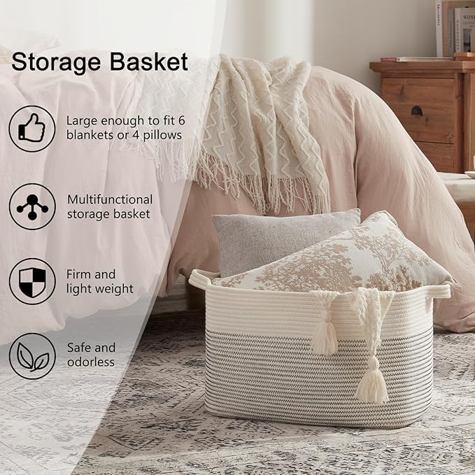 OIAHOMY 65L Blanket Basket, Cotton Rope Woven Blanket storage for Living Room, Rectangle Woven Baskets for Storage, 20''×16''×12'', Black and White