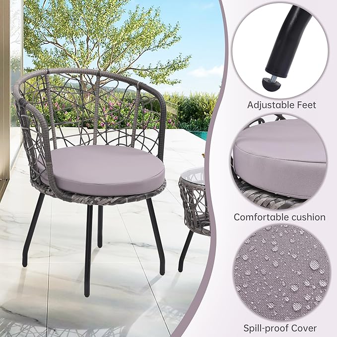 Kromax 3 Piece Bistro Set, Modern Outdoor Wicker Patio Furniture with Tempered Glass Table Top and 2 Chairs, Washable Cushions, Grey Rattan and Grey Cushion