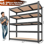 REIBII 48.2" W Garage Shelving, Storage Shelves Load 3000LBS, Adjustable Garage Shelving Heavy Duty for Pantry, Basement, Warehouse, 48.2" W X 71.9" H X 24" D, Black